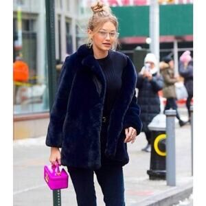 SEZANE Sz 42 10 Navy Blue Faux Fur Isee Coat Jacket NWT